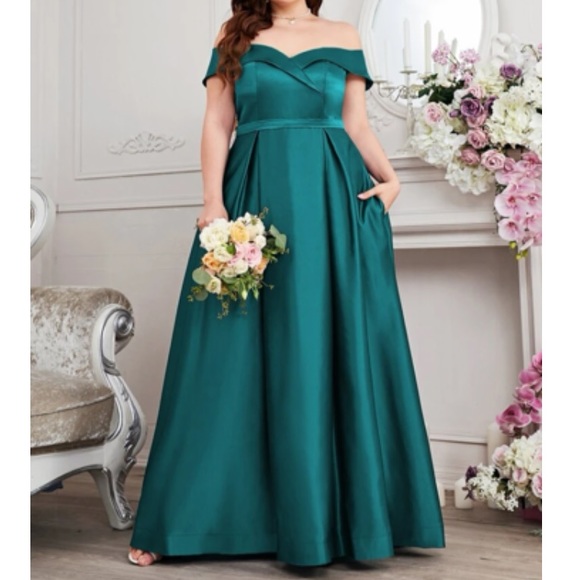 Plus size green off shoulder party formal evening maxi dress - Picture 1 of 7